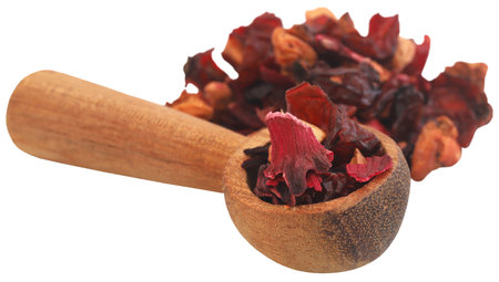 Herbal tea of roselle, rose hips and apple for preparationの写真素材