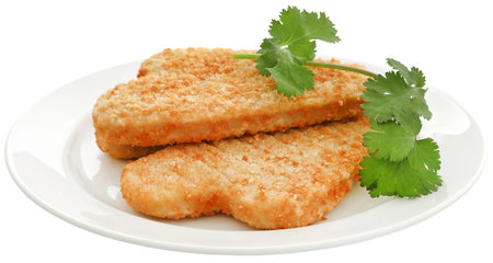 Crispy fish fillet made of Alaska Pollock in a plate with coriander leavesの写真素材