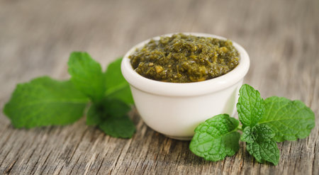 Mint pesto with fresh leaves on wooden surface closeupの写真素材