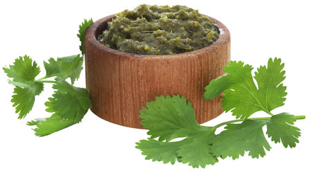 Pesto in a bowl made of fresh Coriander leavesの写真素材