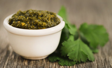 Pesto made of Coriander leaves closeupの写真素材