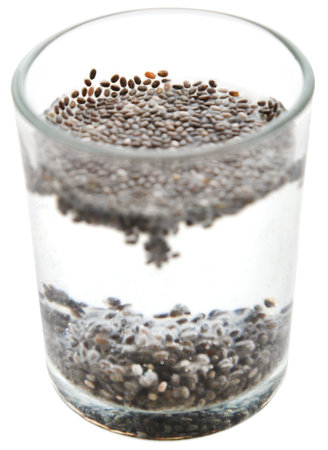 Organic Chia Seed water soaked in a glassの写真素材