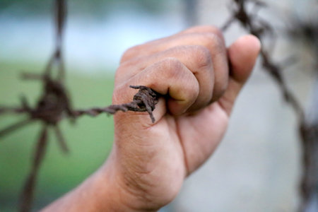 Grabbing barbed wire with handの写真素材