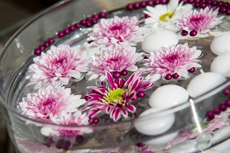 Floating Candles and Flowers. Decoration for a garden party の写真素材