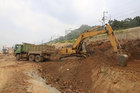 bulldozer at   road construction siteのeditorial素材