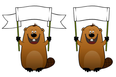 Funny cartoon beaver with blank white billboard in his handsの写真素材