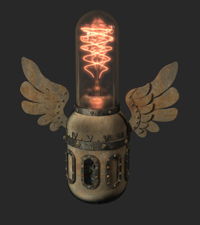 Rendered steampunk style Edison lamp with decorative wings and clock mechanism. 3D object.