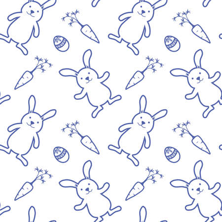 Easter rabbits, eggs and carrots seamless pattern on white background Vectorのイラスト素材