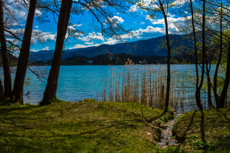 Stunning view of beautiful Lake Bled, Sloveniaの写真素材