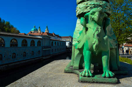 Amazing view of the beautiful Dragon Bridge, Ljubljana, Sloveniaのeditorial素材