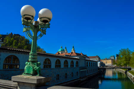 Amazing view of the beautiful Dragon Bridge, Ljubljana, Sloveniaのeditorial素材