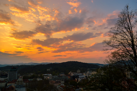 Amazing sunset over beautiful Ljubljana, Sloveniaの写真素材