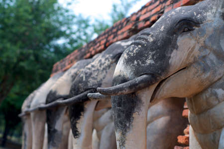 Close up picture of the elephant sculpure of Wat Chang Lom in Sukhothai's Historical Park, Thailandの写真素材