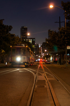SAN FRANCISCO, CALIFORNIA, USA - 22nd MAY 2015 - A night picture of a typical Streetcar of San...
