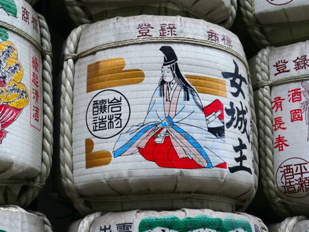 TOKYO, JAPAN - JULY 5, 2018 : Close up picture of a beautifully decorated Sake barrel at the Mejii Shrine in Tokyo, Japanのeditorial素材