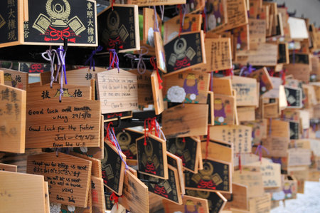 UENO PARK, TOKYO, JAPAN - JULY 9, 2018 : Ema's, the wooden boards to write wishes and pray for god, that hangs at the Toshogu Shrine in Ueno Park in Tokyo, Japanのeditorial素材