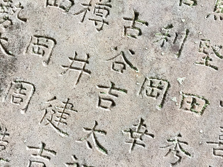 Tosa-Kure, Shikoku, Japan - 11th August 2018 : Close up picture of a stone slab carved with Kanji characters located on Kurehachimangu Shrine in Tosa-Kure, Japanのeditorial素材