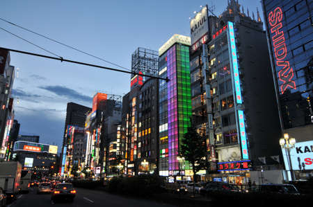Ginza, Tokyo, Japan - 9th July 2018 : Beautiful night view of the Ginza area in Tokyo, the most popular shopping area of the cityのeditorial素材