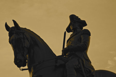 Silhouette close up picture at the golden hour of the Equestrian Statue of George Washington...
