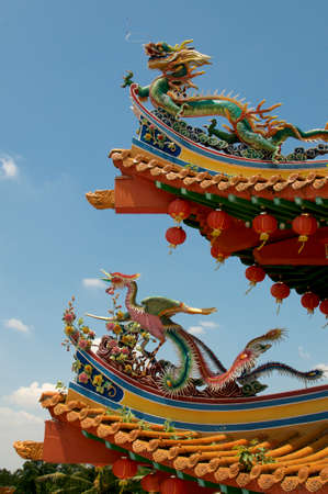 Beautiful close up of the dragon and phoenix decoration of the roof of Thean Hou temple in Kuala Lumpur, Malaysiaの写真素材