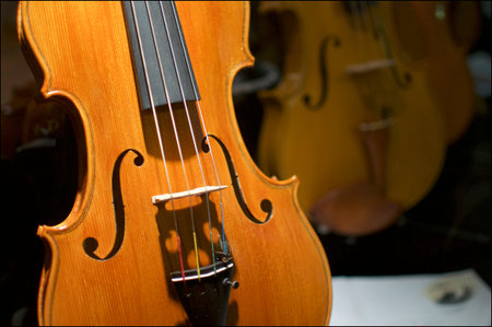 Close up view of some beautiful illuminated Violins located inside a shop window in the city of...