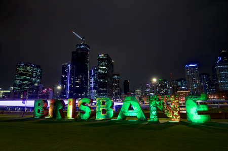 Brisbane, Queensland, Australia - 27th November 2019 : Night view of the Brisbane sign with the beautiful city skyline in the background. The sign was installed for the G20 summit in 2014のeditorial素材