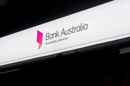 Brisbane, Queensland, Australia - 22nd January 2020 : Illuminated Bank Australia sign hanging in...
