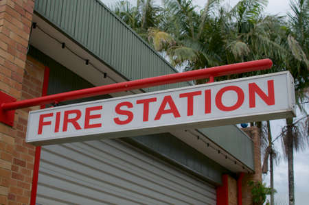 View of an Fire Station sign hanging in front of the statin in Bangalow, NSW, Australiaの写真素材