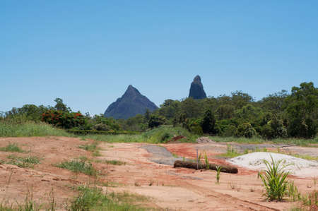 Beautiful scenic view of Mt. Coonowrin and Mt. Beerwah of the Glass House Mountains located in Queensland, Australiaの写真素材