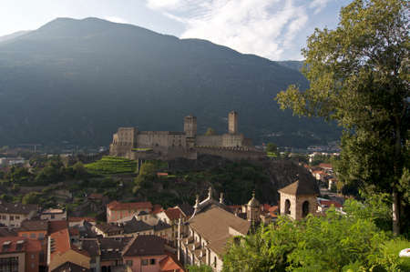 View over Bellinzona town and the beautiful Castel Grande castle located in the Ticino Canton in Switzerlandの写真素材