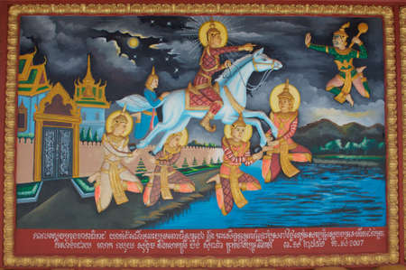 Siem Reap, Cambodia - 2nd January 2019 : Masterpiece art work painting about Buddha story on Wat Preah Prom Rath temple in Siem Reap city, Cambodiaのeditorial素材