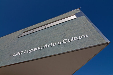 Lugano, Ticino, Switzerland - 11th November 2020 : View of the LAC (Lugano Arte e Cultura) cultural center buliding in Lugano, Switzerland. The building is a famous landmark of the cityのeditorial素材