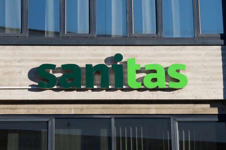 Lugano, Ticino, Switzerland - 5th January 2020 : Sanitas health assurance sign hanging on a building in Lugano. Sanitas is one of Switzerland's top health insurersのeditorial素材