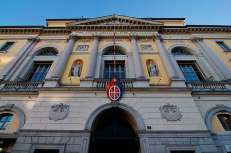 Lugano, Ticino, Switzerland - 12th January 2021 : Low angle view of the beautiful decorated City Hall of Lugano in Switzerlandのeditorial素材