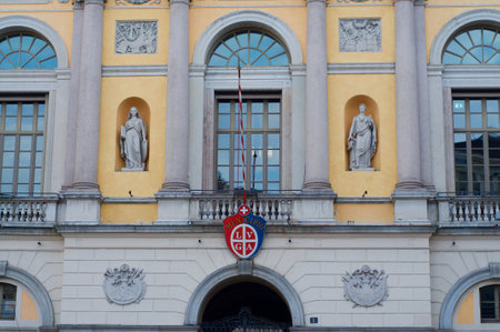 Lugano, Ticino, Switzerland - 12th January 2021 : Front view of the beautiful decorated City Hall of Lugano in Switzerlandのeditorial素材