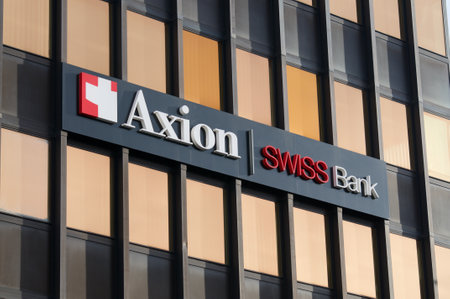 Lugano, Switzerland - 12th January 2021 : Axion Swiss Bank sign hanging on the headquarters in Lugano. Axion Swiss Bank is specialized in high-level private banking and owned by Banca Stato groupのeditorial素材