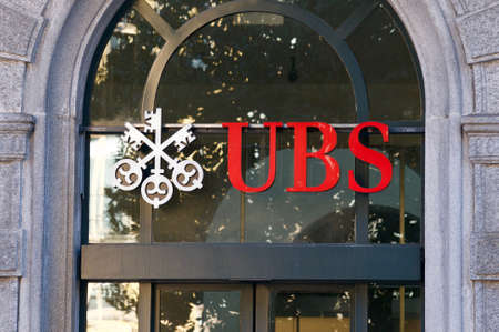 Locarno, Ticino, Switzerland - 16th January 2021 : UBS Bank sign hanging in front of Bank bulding in Locarno, Switzerlandのeditorial素材
