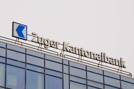 Zug, Switzerland - 26th February 2021 : Zuger Kantonalbank or Zuger KB Bank sign hanging on the headquarters building in Zug, Switzerlandのeditorial素材