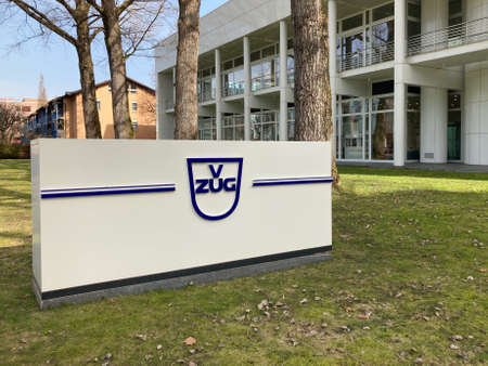 Zug, Switzerland - 26th February 2021 : V-Zug AG company sign in front of the Zugorama building in Zug, Switzerland. V-Zug is Swiss manufacturer of home appliancesのeditorial素材