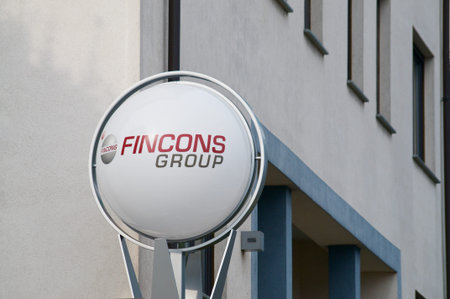 Lugano, Ticino, Switzerland - 9th March 2021 : Fincons Group company sign located in front of the...