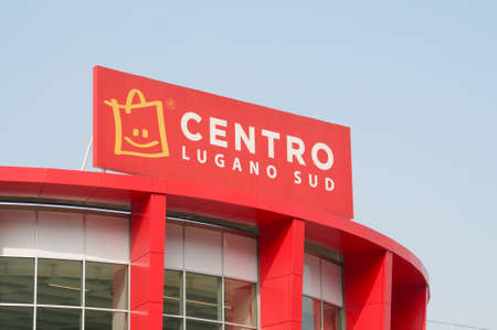 Grancia, Ticino, Switzerland - 26th March 2021 : Centro Lugano Sud shopping mall sign hanging on the main building in Grancia. Centro Lugano Sud is the biggest shoping mall in the Lugano regionのeditorial素材