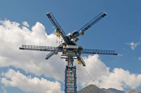 Castione, Switzerland - 26th April 2021 : View of the Energy Vault crane tower in Switzerland. Energy Vault is a company specializing in gravity and kinetic energy based, long-duration energy storageのeditorial素材