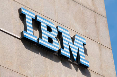 Lugano, Ticino, Switzerland - 1st April 2021 : IBM (International Business Machines Corporation) sign hanging on a building in Lugano. IBM is an American multinational information technology companyのeditorial素材