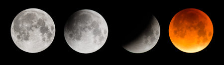 Four stages of the moon, resulting in a Supermoon, during a total lunar eclipse in Wales, September