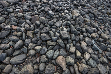 Pattern of pebbles of different shapes and sizes on a beach in Scotland, UK, Januaryの写真素材