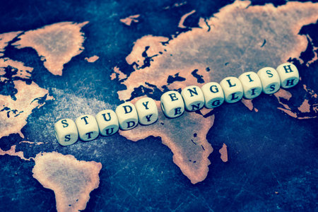 STUDY ENGLISH on grunge world map