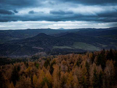 Amazing dark scenery and view to the deep valleys from top of mountains in north of Czech Republic.の写真素材