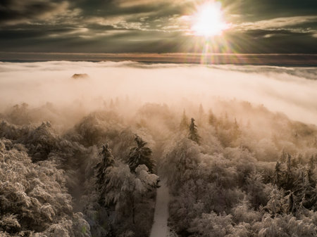 Magnificent view from Watchtower in the mountains during the winter. Land covered by snow, peace in...