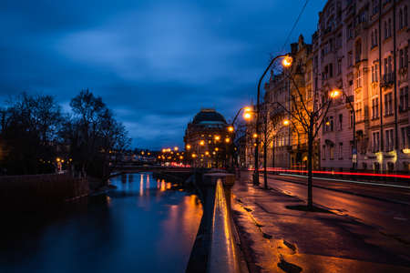 Dreamy Prague streets with Vltava river after sunset with beautifully painted sky on the blue hour, Czech Republic.の写真素材