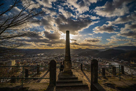 Amazing view over the deep valleys of the river Elbe. Such a nice and calm place during the magical sunset with sky full of fluffy clouds and endless view in the north of Czech Republic.の写真素材